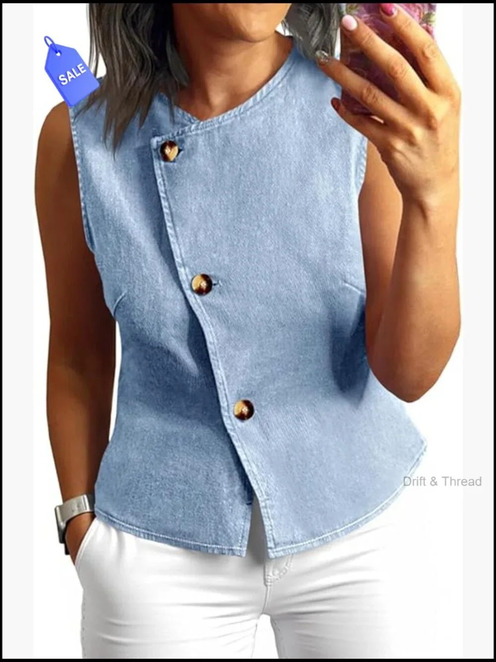 Sleeveless Jean Vest Tank Top Button Down Fitted Denim Waistcoat